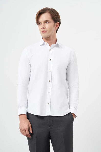 Beyaz Uzun Kol Düz Bez Ayağı Yarım İtalyan Yaka Cepsiz Pamuklu Classic Slim Fit Gömlek 1004245211