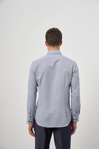 Koyu Lacivert Uzun Kol Kendinden Armürlü Cepsiz Pamuklu Classic Slim Fit Gömlek 1004245161 - 7