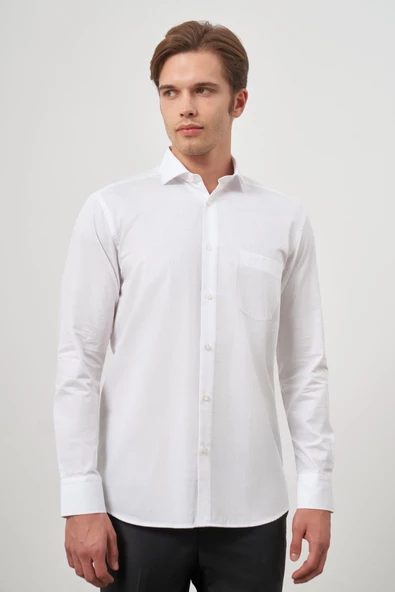 Beyaz Uzun Kol Kareli Desen İtalyan Yaka Cepli Pamuklu Classic Comfort Fit Gömlek 1004245173 - Resim 3