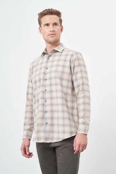 Turuncu Uzun Kol Ekose Desen Gabardin Cepsiz Pamuklu Classic Comfort Fit Gömlek 1004245165 - Resim 4