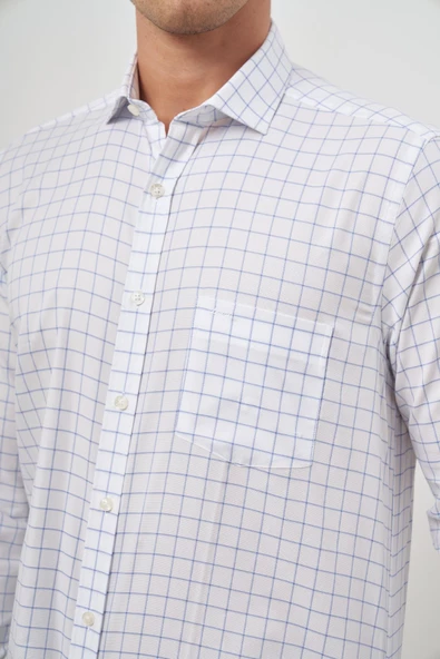 Beyaz Uzun Kol Kareli Desen Yarım İtalyan Cepli Classic Comfort Fit Gömlek 1004245196 - Resim 6