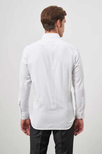 Beyaz Uzun Kol Kendinden Desenli Armürlü 041 Sert Yaka Classic Comfort Fit Gömlek 1004245157 - Resim 7