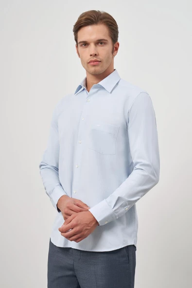 Koyu Mavi Uzun Kol Kendinden Desenli Armürlü 041 Sert Yaka Classic Comfort Fit Gömlek 1004245154 - Resim 3