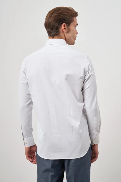 Beyaz Uzun Kol Kendinden Armürlü Cepli Pamuklu Classic Comfort Fit Gömlek 1004245155 - Resim 7