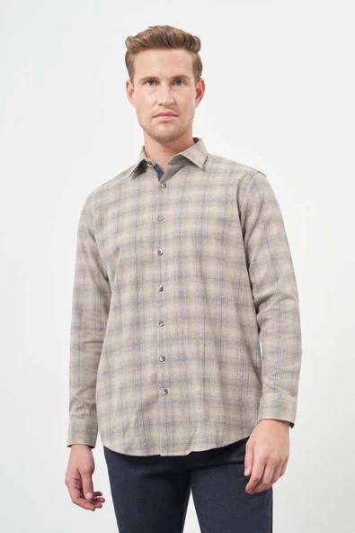 Camel Uzun Kol Ekose Desen Gabardin Sert Yaka Cepsiz Pamuklu Classic Comfort Fit Gömlek 1004245165 ürün görseli