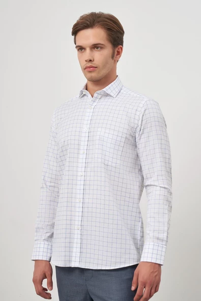 Beyaz Uzun Kol Kareli Desen Yarım İtalyan Cepli Classic Comfort Fit Gömlek 1004245196 - Resim 3