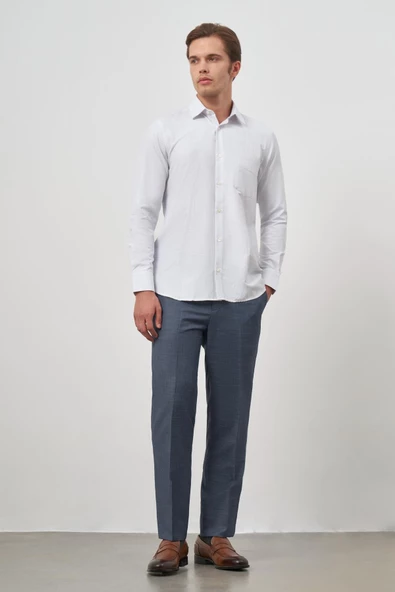 Beyaz Uzun Kol Kareli Desen Bez Ayağı Sert Yaka Cepli Pamuklu Classic Comfort Fit Gömlek 1004245163 - Resim 2