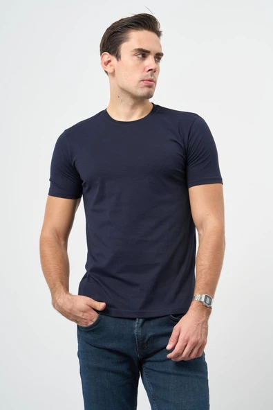 Koyu Lacivert Kısa Kol Düz Bez Ayağı Bisiklet Yaka Casual Slim Fit Tişört 1011245193