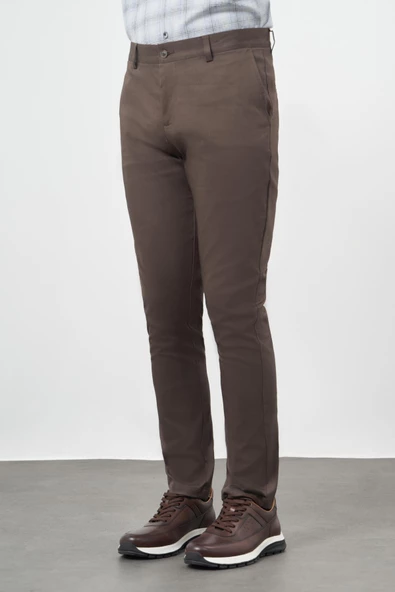 Koyu Camel Pamuklu Yandan Cepli Casual Slim Fit Chino Pantolon 1003245163 - Resim 3