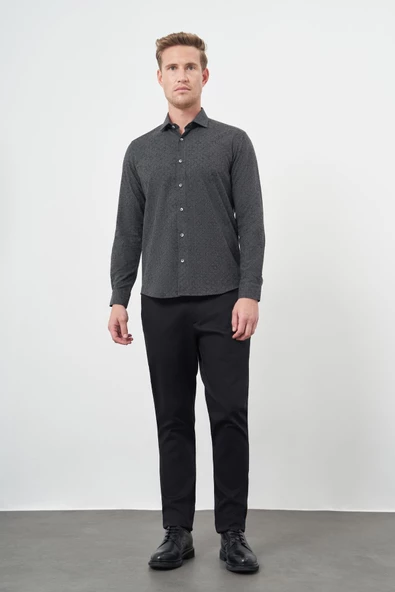 Siyah Uzun Kol Yarım İtalyan Yaka Cepsiz Pamuklu Classic Slim Fit Gömlek 1004245222 - Resim 2