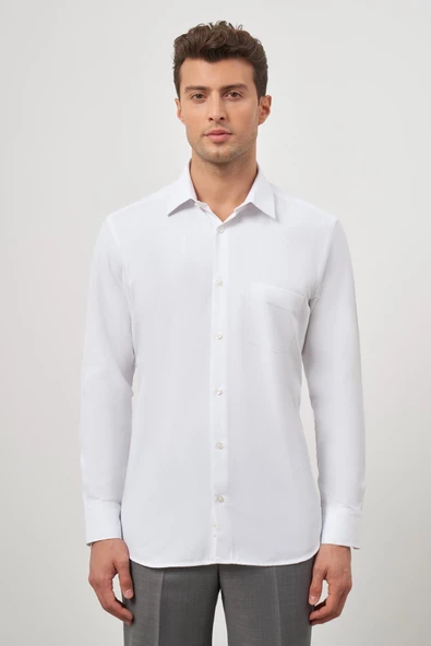 Beyaz Uzun Kol Kendinden Desenli Armürlü 041 Sert Yaka Classic Comfort Fit Gömlek 1004245154 ürün görseli 1