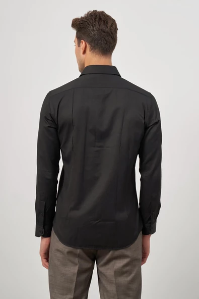 Siyah Uzun Kol Kendinden Desenli Armürlü 032 Sert Yaka Classic Slim Fit Gömlek 1004245152 - Resim 7