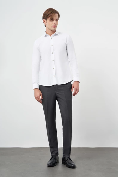 Beyaz Uzun Kol Düz Bez Ayağı Yarım İtalyan Yaka Cepsiz Pamuklu Classic Slim Fit Gömlek 1004245211 - Resim 2