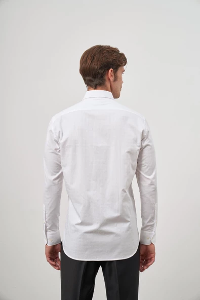 Beyaz Uzun Kol Kareli Desen İtalyan Yaka Cepli Pamuklu Classic Comfort Fit Gömlek 1004245173 - Resim 7