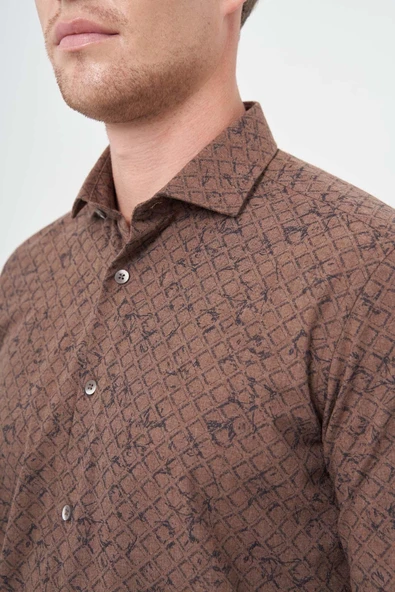 Koyu Kahverengi Uzun Kol Yarım İtalyan Yaka Cepsiz Pamuklu Classic Slim Fit Gömlek 1004245222 - Resim 4