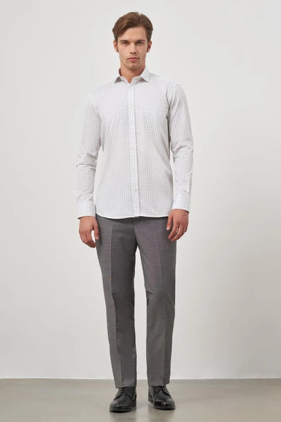 Beyaz Uzun Kol Kareli Desen Gabardin Yarım İtalyan Cepli Classic Comfort Fit Gömlek 1004245193 - Resim 2