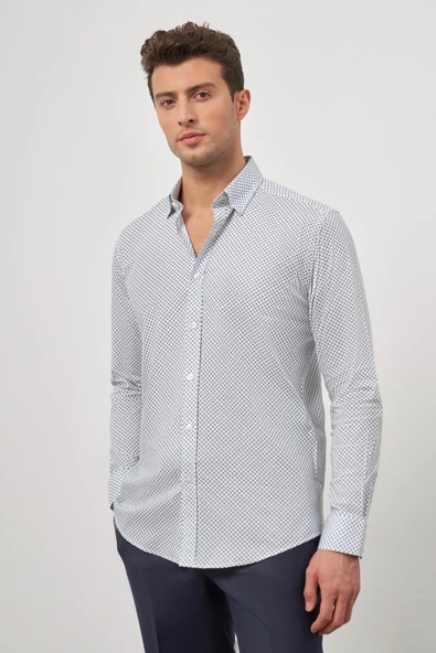Beyaz Uzun Kol Perfectto Alttan Biritli Yaka Cepsiz Pamuklu Classic Slim Fit Gömlek 1004240259