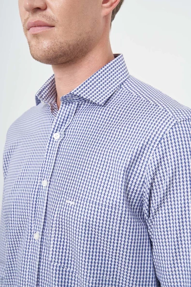 Koyu Lacivert Uzun Kol Kazayağı Desen Yarım İtalyan Cepli Classic Comfort Fit Gömlek 1004245189 - Resim 4