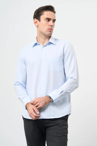 Mavi Uzun Kol Kendinden Cepli Pamuklu Classic Comfort Fit Gömlek 1004245213