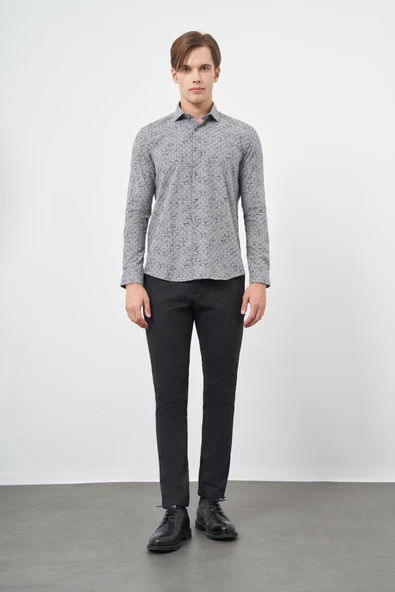 Füme Uzun Kol Yarım İtalyan Yaka Cepsiz Pamuklu Classic Slim Fit Gömlek 1004245222 - Resim 2