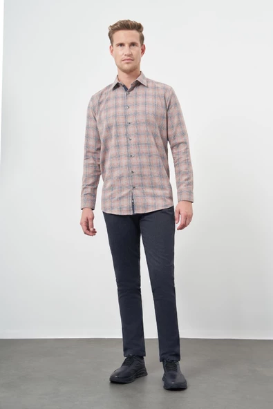 Füme Uzun Kol Ekose Desen Gabardin Sert Yaka Cepsiz Pamuklu Classic Comfort Fit Gömlek 1004245165 - Resim 2