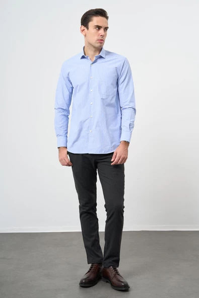 Mavi Uzun Kol Kendinden Armürlü Yarım İtalyan Cepli Pamuklu Classic Comfort Fit Gömlek 1004245210 - Resim 2