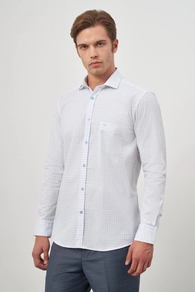 Beyaz Uzun Kol Kareli Desen Yarım İtalyan Yaka Cepli Classic Comfort Fit Gömlek 1004245192