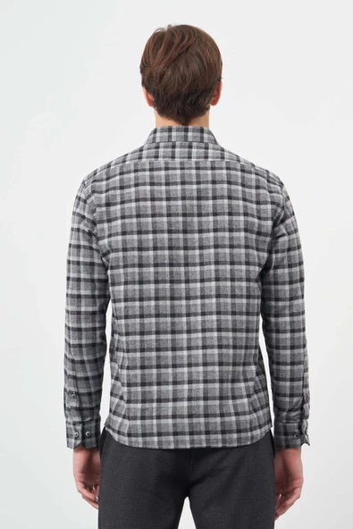 Füme Uzun Kol Ekose Desen Gabardin Sert Yaka Cepli Pamuklu Classic Comfort Fit Gömlek 1004245169 - Resim 5