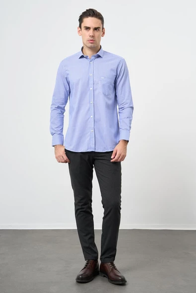 Mavi Uzun Kol Desen Yarım İtalyan Yaka Cepli Pamuklu Classic Comfort Fit Gömlek 1004245195 - Resim 2