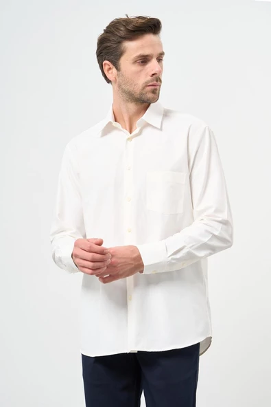 Açık Krem Uzun Kol Düz Sert Yaka Pamuklu Classic Comfort Fit Gömlek 1004245269