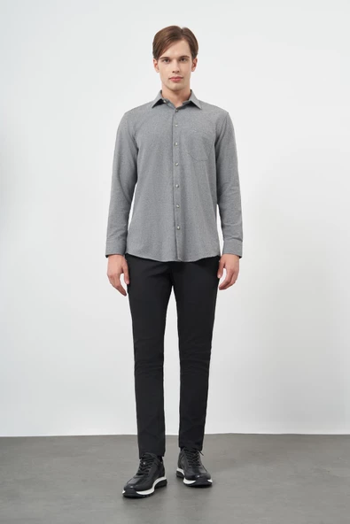 Füme Uzun Kol Düz Gabardin Sert Yaka Cepli Pamuklu Classic Comfort Fit Gömlek 1004245168 - 2
