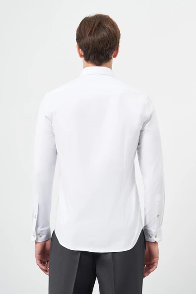 Beyaz Uzun Kol Düz Bez Ayağı Yarım İtalyan Yaka Cepsiz Pamuklu Classic Slim Fit Gömlek 1004245211 - Resim 5
