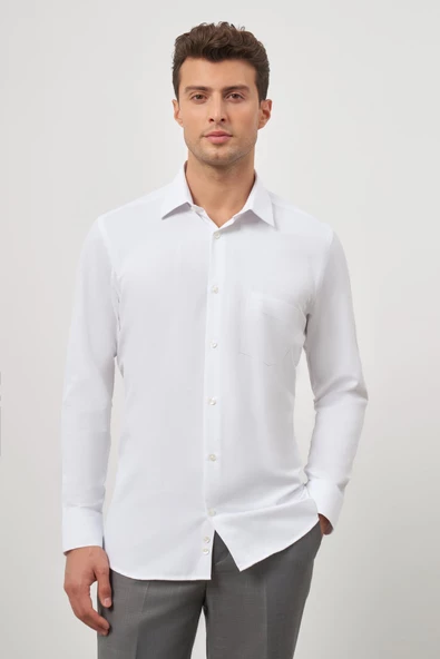 Beyaz Uzun Kol Kendinden Desenli Armürlü 041 Sert Yaka Classic Comfort Fit Gömlek 1004245154 - Resim 5