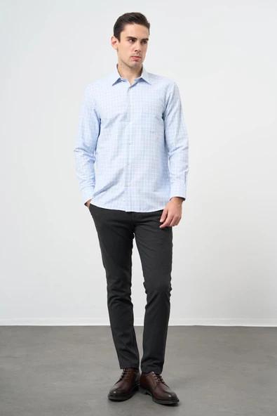 Koyu Mavi Uzun Kol Kareli Desen Cepli Pamuklu Classic Comfort Fit Gömlek 1004245162 - Resim 2