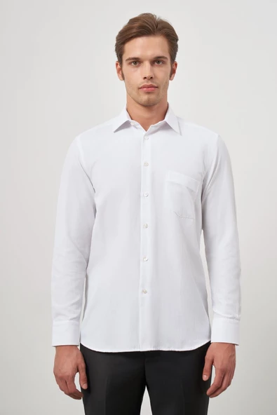 Beyaz Uzun Kol Kendinden Desenli Armürlü 041 Sert Yaka Classic Comfort Fit Gömlek 1004245157 - Resim 5