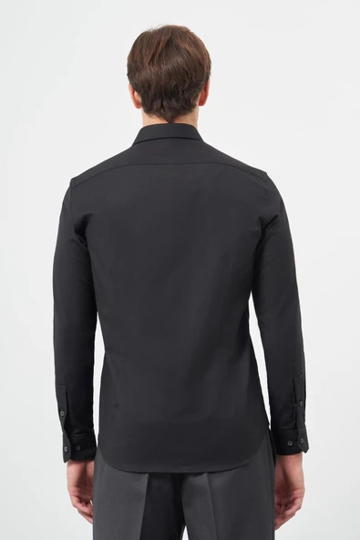 Siyah Uzun Kol Düz Bez Ayağı Yarım İtalyan Yaka Cepsiz Pamuklu Classic Slim Fit Gömlek 1004245211 - Resim 4