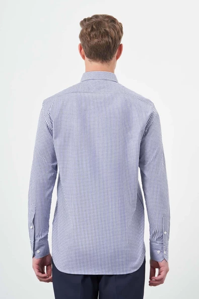 Koyu Lacivert Uzun Kol Kazayağı Desen Yarım İtalyan Cepli Classic Comfort Fit Gömlek 1004245189 - Resim 5