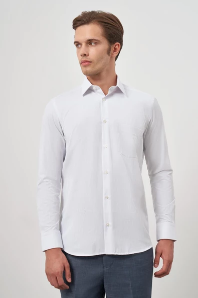 Beyaz Uzun Kol Kendinden Armürlü Cepli Pamuklu Classic Comfort Fit Gömlek 1004245155 - Resim 4