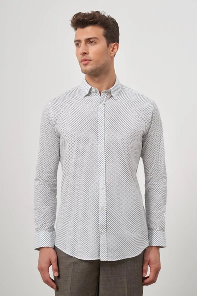 Beyaz Uzun Kol Perfectto Alttan Biritli Yaka Cepsiz Pamuklu Classic Slim Fit Gömlek 1004240259 - Resim 3