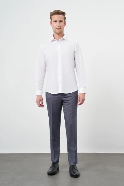 Beyaz Uzun Kol Kendinden Armürlü Cepsiz Pamuklu Classic Slim Fit Gömlek 1004245202 - Resim 2