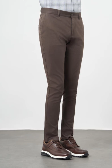 Koyu Camel Pamuklu Yandan Cepli Casual Slim Fit Chino Pantolon 1003245163