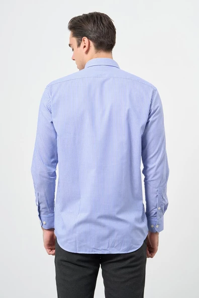 Mavi Uzun Kol Desen Yarım İtalyan Yaka Cepli Pamuklu Classic Comfort Fit Gömlek 1004245195 - Resim 5