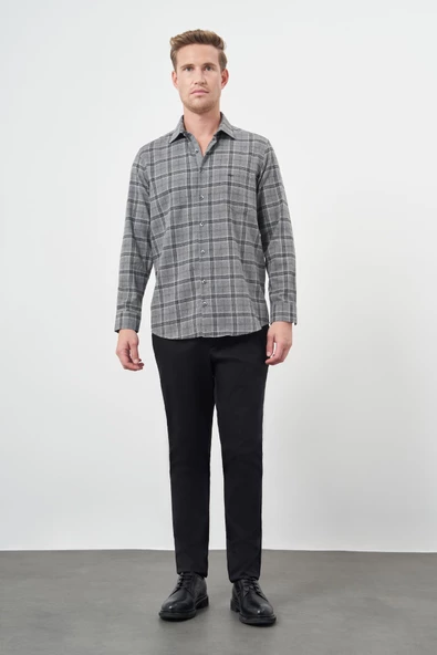 Füme Uzun Kol Ekose Desen Gabardin Sert Yaka Cepli Pamuklu Classic Comfort Fit Gömlek 1004245170 - 2
