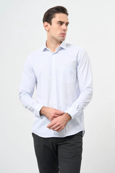 Beyaz Uzun Kol Desen Yarım İtalyan Yaka Cepli Pamuklu Classic Comfort Fit Gömlek 1004245183 - Resim 3