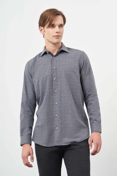 Koyu Lacivert Uzun Kol Kareli Desen Gabardin Cepsiz Pamuklu Classic Comfort Fit Gömlek 1004245166