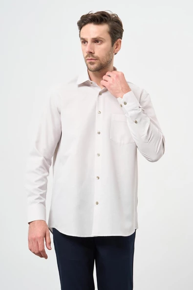 Bej Uzun Kol Kendinden Cepli Pamuklu Classic Comfort Fit Gömlek 1004245213