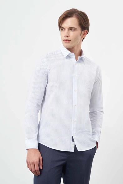 Beyaz Uzun Kol Çizgili Desen Cepsiz Classic Slim Fit Gömlek 1004245209 - Resim 3