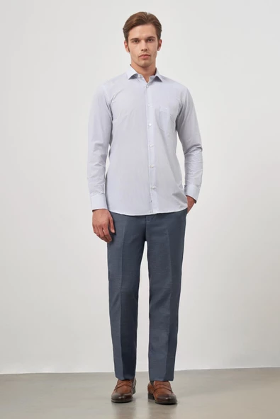 Beyaz Uzun Kol Desen Yarım İtalyan Yaka Cepli Pamuklu Classic Comfort Fit Gömlek 1004245175 - Resim 4