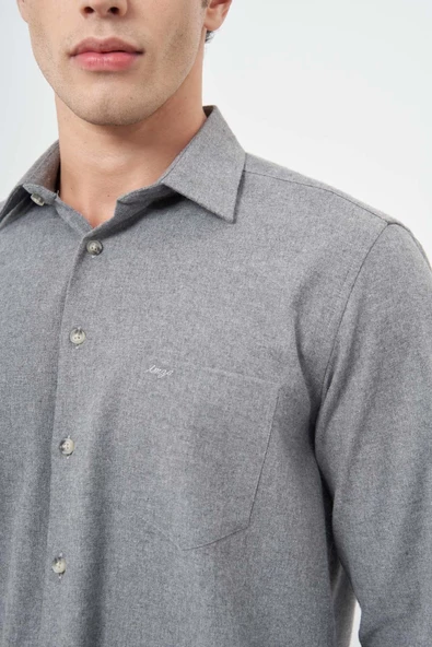 Füme Uzun Kol Düz Gabardin Sert Yaka Cepli Pamuklu Classic Comfort Fit Gömlek 1004245168 - 4