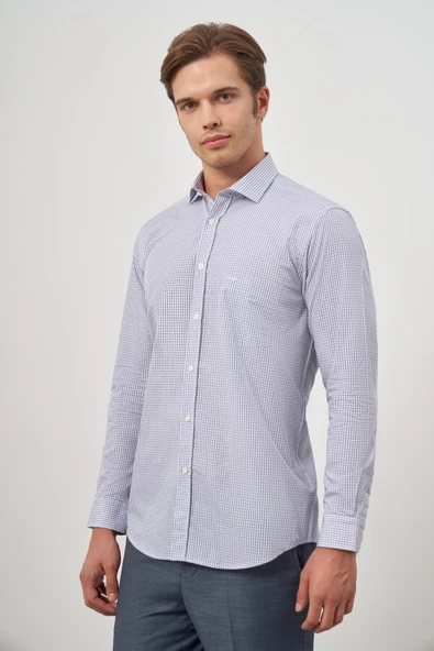 Beyaz Uzun Kol Kareli Desen Yarım İtalyan Cepli Classic Comfort Fit Gömlek 1004245191